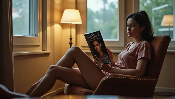 Young Woman Reading Fashion Magazine in Cozy Chair