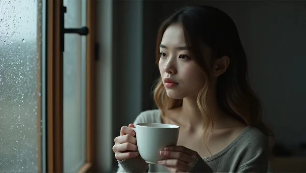 Young Woman Relaxing By Rainy Window Holding Cup