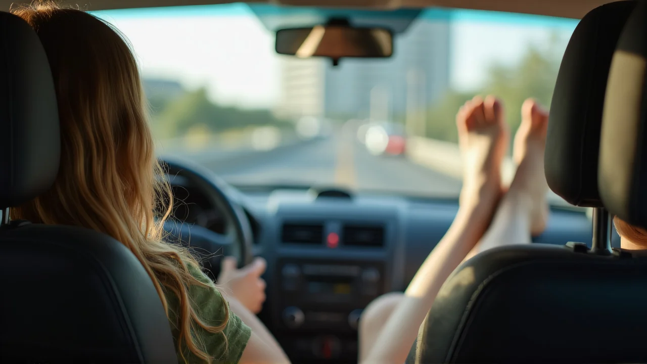 A young woman enjoys a moment of relaxation in a car.