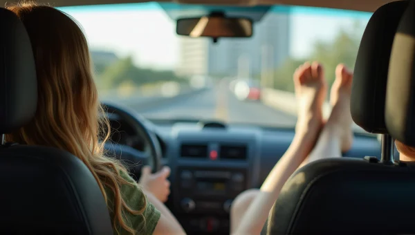 Young Woman Relaxing in Car on City Street