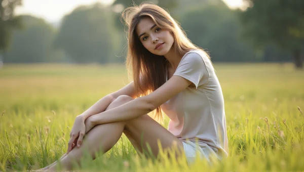 Young Woman Relaxing on Grass Field in Nature
