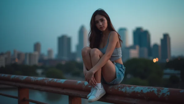 Young Woman Relaxing on Metal Rail at Dusk