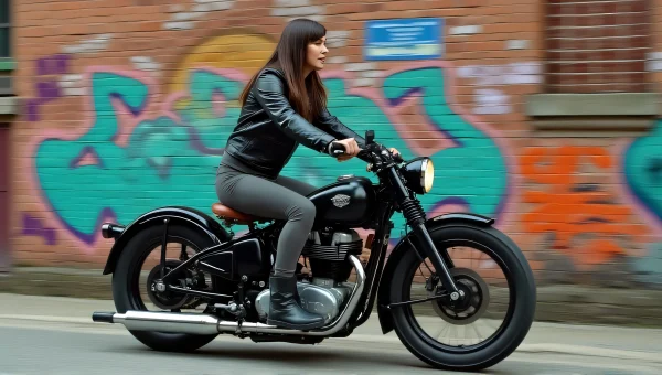 Young Woman Riding Vintage Motorcycle By Graffiti Wall