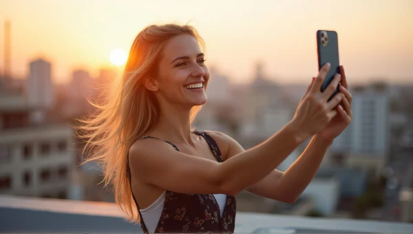 Young Woman Selfie Urban Rooftop Golden Hour