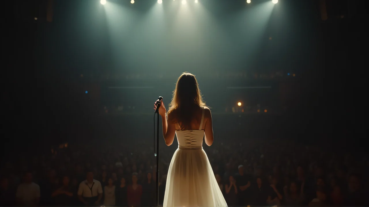 A young woman performs passionately on stage under a spotlight with silhouettes of the audience in the background.