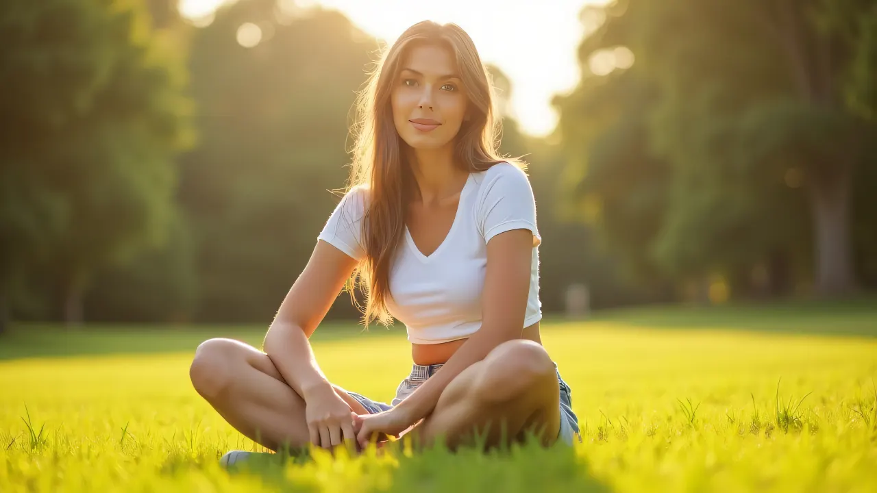 A young woman in a white crop top enjoys the sun while sitting cross-legged on lush green grass.
