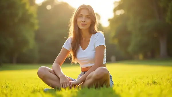 Young Woman Sitting Cross-Legged In Green Grass