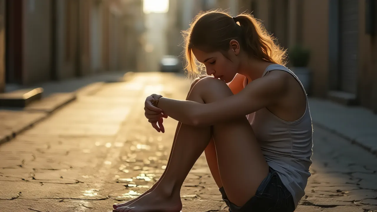 A young woman sits on cracked pavement, knees drawn to her chest, in an urban alley during late afternoon.