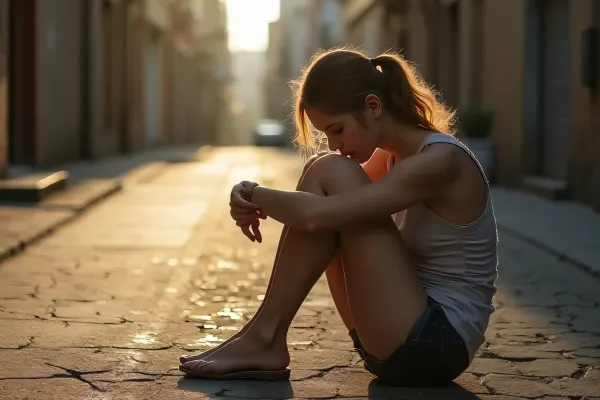 Young Woman Sitting on Pavement in Urban Alley