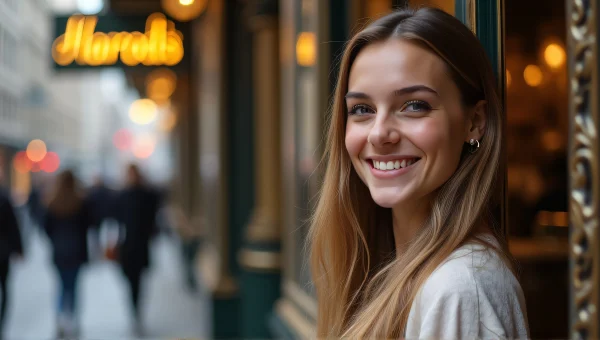 Young Woman Smiling At Harrods Entrance