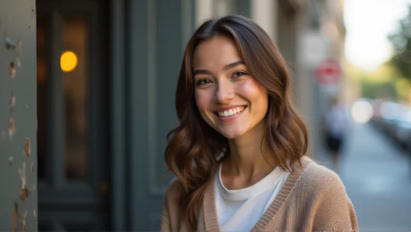 Young Woman Smiling in Urban Doorway Portrait