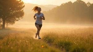 Young Woman Sprinting in Dewy Meadow at Dawn