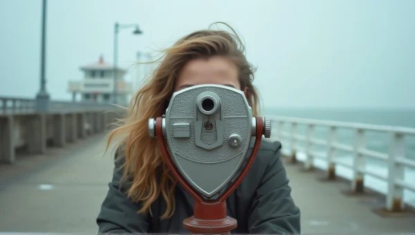 Young Woman Using Binoculars At Seaside Pier