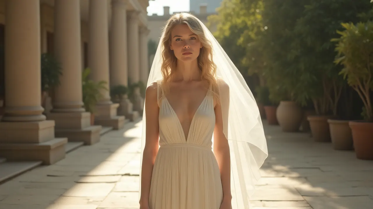 A young woman in a white dress stands on a sunlit terrace with her veil gently lifted by the breeze.