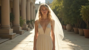 Young Woman In White Dress On Sunlit Terrace